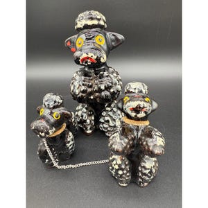 Vintage 1950s Japan Black Poodle Family Figurine Set Chained Dogs MCM Kitsch