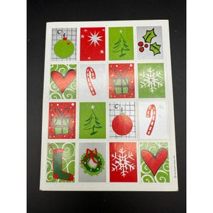 Hoja de pegatinas navideñas vintage Hallmark con iconos de bloques de mediados de siglo, rojo y verde