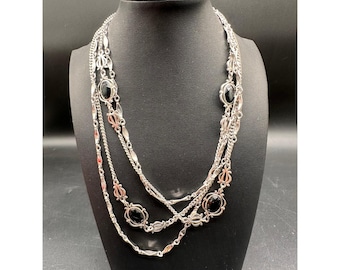 Sarah Coventry Vintage Silver Tone Black Cabochon Extra Long Layer Necklace 74
