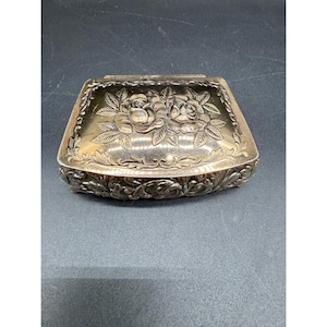 Vintage Silver Floral Footed Trinket Box with Red Velvet Lining and Hinged Lid