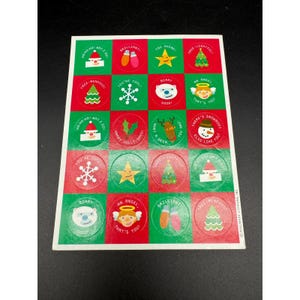 Hoja de pegatinas navideñas vintage de Hallmark: recompensa de juego de palabras, muñeco de nieve, estrella, árbol y ángel