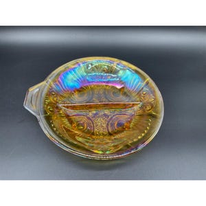 Vintage Marigold Carnival Glass Divided Relish Dish Iridescent Scroll 9&quot;