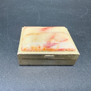 Vintage MCM Marbled Celluloid Pill Box Trinket Box Gold Tone Metal Small Jewelry