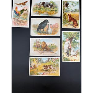 Lote de 7 cartas colecionáveis de fábulas de Esopo antigas ilustradas com história de animais