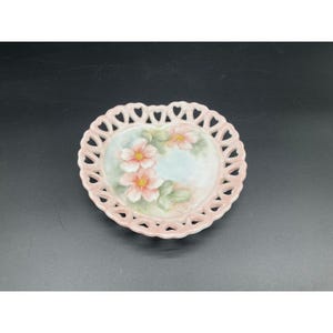 Hand Painted Porcelain Plate Pink Wild Rose Floral Heart Cut Border Vintage