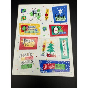 Hoja de pegatinas navideñas vintage Hallmark Villancicos Alegría Paz Cascabeles NOS