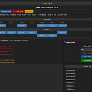 Peut inclure: Interface de calendrier numérique sombre affichant un emploi du temps hebdomadaire du 23 février au 1er mars 2026. L'interface montre les horaires des employés, les informations sur les vacances et les alertes contractuelles. Boutons pour modifier, copier et générer des rapports.