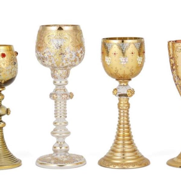 Set of Hand Decorated Gilt Glass Goblets