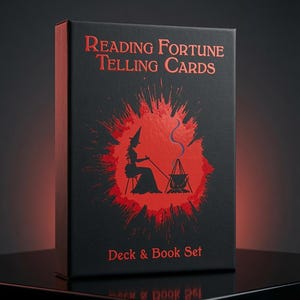 May include: A black rectangular box set titled Reading Fortune Telling Cards Deck & Book Set. The front features red text and a red graphic of a silhouette of a person in a pointed hat sitting by a cauldron with a swirling plume of smoke.