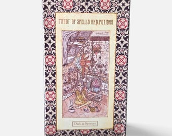 Op de afbeelding: Een rechthoekige doos voor een Tarot of Spells and Potions kaartspel van Dark Synevyr. De doos heeft een zwart-witte, versierde rand met rode cirkelvormige accenten. De centrale illustratie toont een persoon zittend in een kamer.