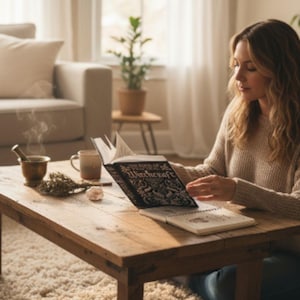 May include: A person reading a book titled "Witchcraft" on a wooden coffee table. A mortar and pestle, mug, and dried herbs are also on the table. The room has a neutral colour palette with a beige sofa and a bookshelf in the background.