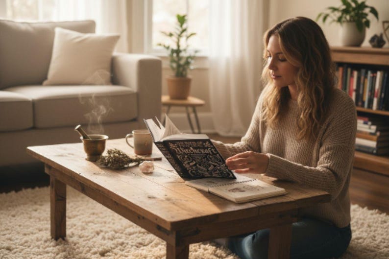May include: A person reading a book titled "Witchcraft" on a wooden coffee table. A mortar and pestle, mug, and dried herbs are also on the table. The room has a neutral colour palette with a beige sofa and a bookshelf in the background.