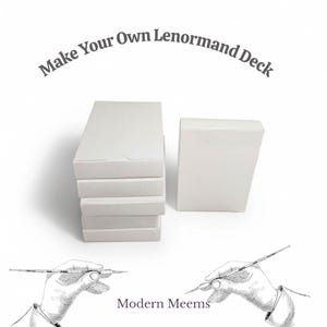 May include: A stack of four white rectangular card boxes next to a single white card box. The text "Make Your Own Lenormand Deck" appears at the top, and "Modern Meems" is at the bottom, accompanied by two black and white illustrations of hands.