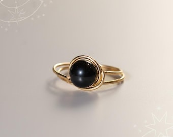 Anillo de adivinación de la transformación de Plutón / Talismán de órbita de obsidiana negra, vermeil de oro de 18k o plata de ley, anillo etéreo