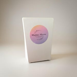 May include: A white, angled box with a circular sticker. The sticker features a pink, orange, and purple gradient and the text "Modern Meems". The box is on a white surface.