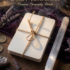 Könnte beinhalten: Ein Stapel rechteckiger, heller Holzkarten, die mit braunem Bindfaden zusammengebunden sind. Der Text "TAROT TEMPLATES Premium Pyrography Blanks" steht oben. Die Karten werden von einem langen, durchscheinenden weißen Kristallstab begleitet.