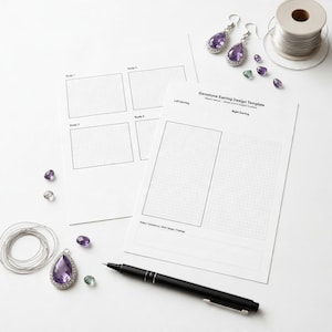 May include: A Gemstone Earring Design Template paper sheet with grid boxes for left and right earrings, a black pen, a spool of silver wire, and several loose purple teardrop-shaped gemstones and silver earring components.