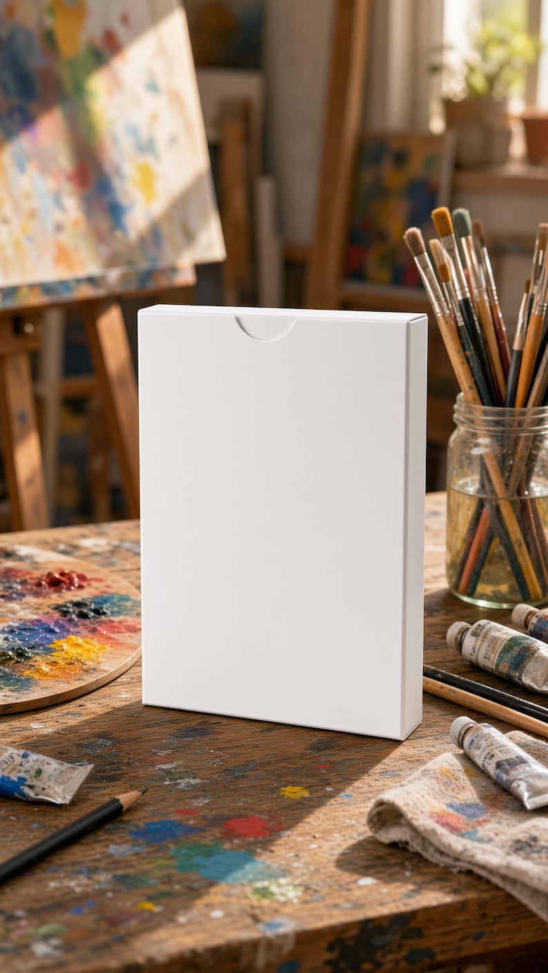 May include: A rectangular white box with a thumb notch cutout at the top center. The box is standing upright on a wooden surface surrounded by various art supplies including paintbrushes in a glass jar, paint tubes, and a wooden palette.