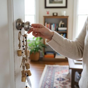 Puede incluir: Un llamador de puerta decorativo con pequeñas campanas doradas y cuentas negras colgando de un pomo de puerta. El pomo de la puerta es plateado y la puerta es blanca. Las campanas están sujetas con hilo.