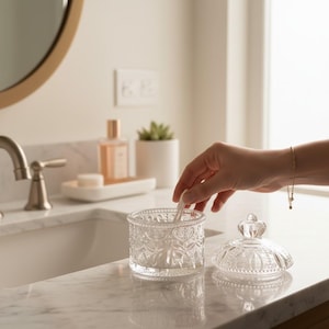 Puede incluir: Un tarro de vidrio transparente con un patrón decorativo y una tapa a juego. Una persona está metiendo la mano en el tarro abierto para sacar un hisopo de algodón. El tarro está sobre una encimera de mármol en un baño.