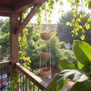 Jardinière suspendue portable à trois niveaux en noix de coco | Suspension de jardin bohème tropicale | Jardinage réutilisable sur le balcon