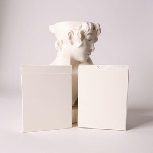 May include: Two blank, rectangular, off-white paper card boxes stand side-by-side in the foreground. Behind the boxes, a white, matte-finished sculptural bust of a person with curly hair is positioned, partially obscured by the two boxes.