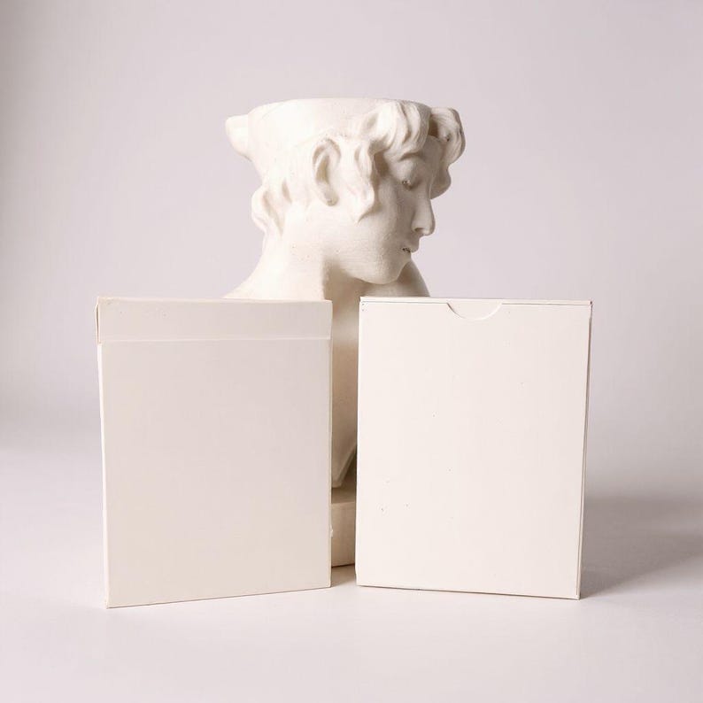 May include: Two blank, rectangular, off-white paper card boxes stand side-by-side in the foreground. Behind the boxes, a white, matte-finished sculptural bust of a person with curly hair is positioned, partially obscured by the two boxes.
