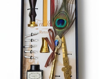 May include: The Artisan's Calligraphy Pen Set includes a pen, ink, nibs, wax sticks, a wax seal, and a letter opener. The set features a peacock feather and the text "Craft Your Writing with Grace and Precision."