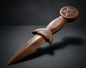 Hand Carved Wooden Athame | Pentagram Moon Ritual Knife, Wiccan Altar Tool