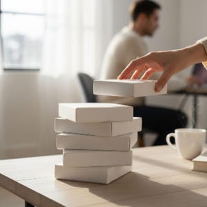 May include: A stack of six plain white rectangular boxes arranged vertically. The top box is being held and positioned by a hand. The boxes are matte white with clean edges and a simple, uniform design, creating a structured and balanced vertical column.