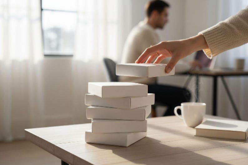 May include: A stack of six plain white rectangular boxes arranged vertically. The top box is being held and positioned by a hand. The boxes are matte white with clean edges and a simple, uniform design, creating a structured and balanced vertical column.