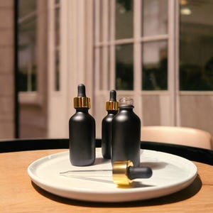 Matte Black Oil Dropper Bottle: Gold Accent Top, 30 ML