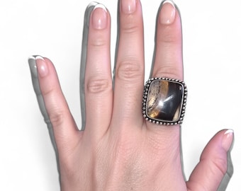Anillo llamativo de plata de ley con ojo de tigre / Anillo de cóctel vintage con borde de cuentas