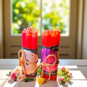 Secret Tarot Card Wrapped Chime Candles  Pack - 5 or 10 Count Ritual Candles - Smokeless Dripless Paraffin Wax - Multiple Colors Available