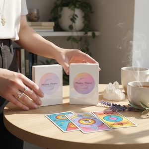 May include: Two white rectangular boxes with circular gradient labels featuring the text Modern Meems, accompanied by three colorful tarot-style cards with geometric illustrations, a clear crystal cluster, and a sprig of dried lavender.