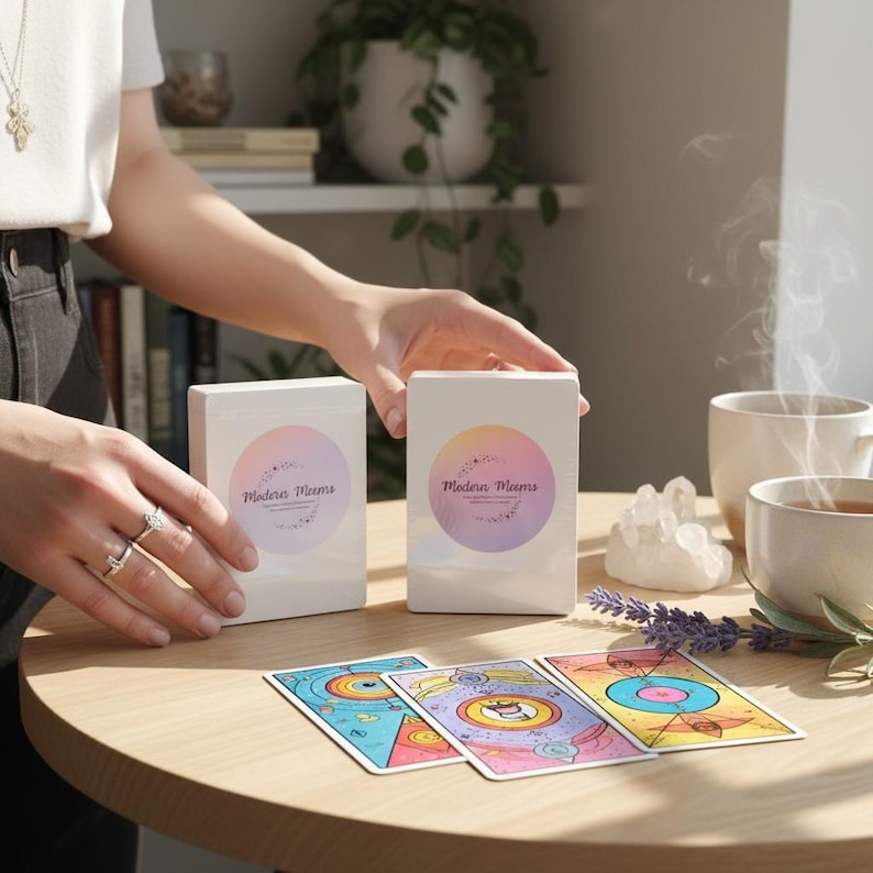 May include: Two white rectangular boxes with circular gradient labels featuring the text Modern Meems, accompanied by three colorful tarot-style cards with geometric illustrations, a clear crystal cluster, and a sprig of dried lavender.