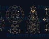 Mystical Golden Symbols Vector Tattoo Template, Celestial Tattoo Designs (JPG Download)