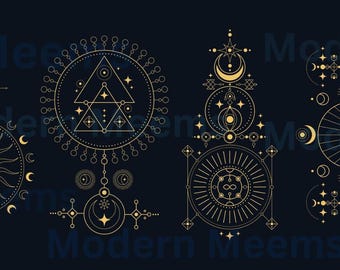 Mystical Golden Symbols Vector Tattoo Template, Celestial Tattoo Designs (JPG Download)