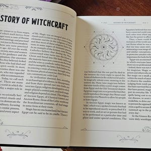 May include: An open book displaying the title "HISTORY OF WITCHCRAFT" on the left page, with text on both pages. A circular design is on the right page. The book rests on a wooden surface.