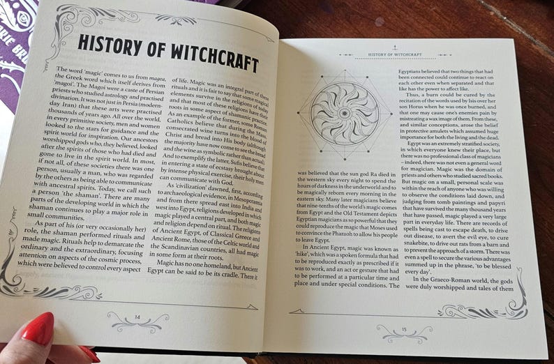 May include: An open book displaying the title "HISTORY OF WITCHCRAFT" on the left page, with text on both pages. A circular design is on the right page. The book rests on a wooden surface.