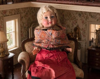 Macabre Doll, Antique Bisque Doll Victorian Style Blonde Blue Eyes Red Silk Skirt Paisley Shawl