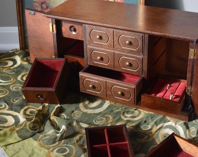 Vintage Large Floral Wooden Jewelry Chest 9 Drawers, Large Jewelry