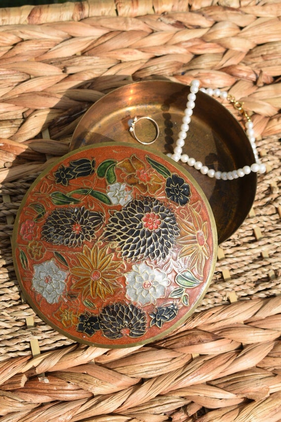 Vintage Brass Floral Covered Trinket Box, Unique B