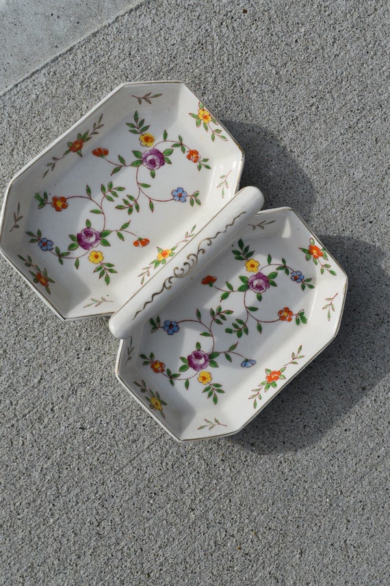 Vintage Floral Porcelain Trinket Tray, Unique Vin… - image 1