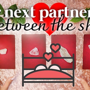 Peut inclure: Quatre cartes rouges avec des cristaux blancs et un cœur rouge sur un fond brun. Le texte "your next partnership in between the sheets" est en haut de l'image.