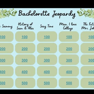 Bachelorette Jeopardy Game, Blue Instant Download Bridal / Bachelorette Jeopardy Game,  Jeopardy Greenery Interactive Game