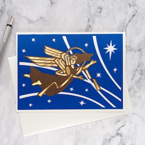 Angel Papercut Christmas Card: "Heaven and Earth" | Custom message or blank | Holographic Gold
