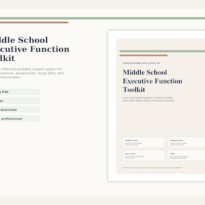 Peut inclure: Un document numérique intitulé Middle School Executive Function Toolkit, présentant une mise en page PDF de 40 pages avec des sections pour les outils étudiants, le soutien, les compétences et la gestion du temps, dans une palette de couleurs neutres.