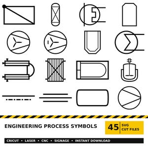 Może przedstawiać: Kolekcja czarnych symboli procesów inżynieryjnych na białym tle, zawierająca różne kształty geometryczne, linie i ikony techniczne. Tekst na dole brzmi ENGINEERING PROCESS SYMBOLS 45 SVG CUT FILES CRICUT LASER CNC SIGNAGE INSTANT DOWNLOAD.