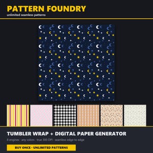May include: A digital graphic design tool titled Pattern Foundry featuring a seamless pattern of yellow suns, white stars, and blue crescent moons on a dark blue background, with six additional pattern swatches including stripes and gingham.